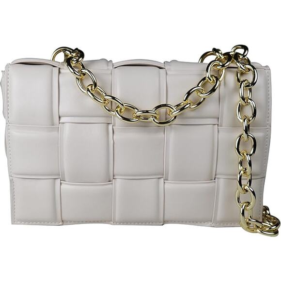 Bella Luna Woven Padded Crossbody Handbag Purse Women Chain Strap & Handle Ivory - Picture 5 of 5